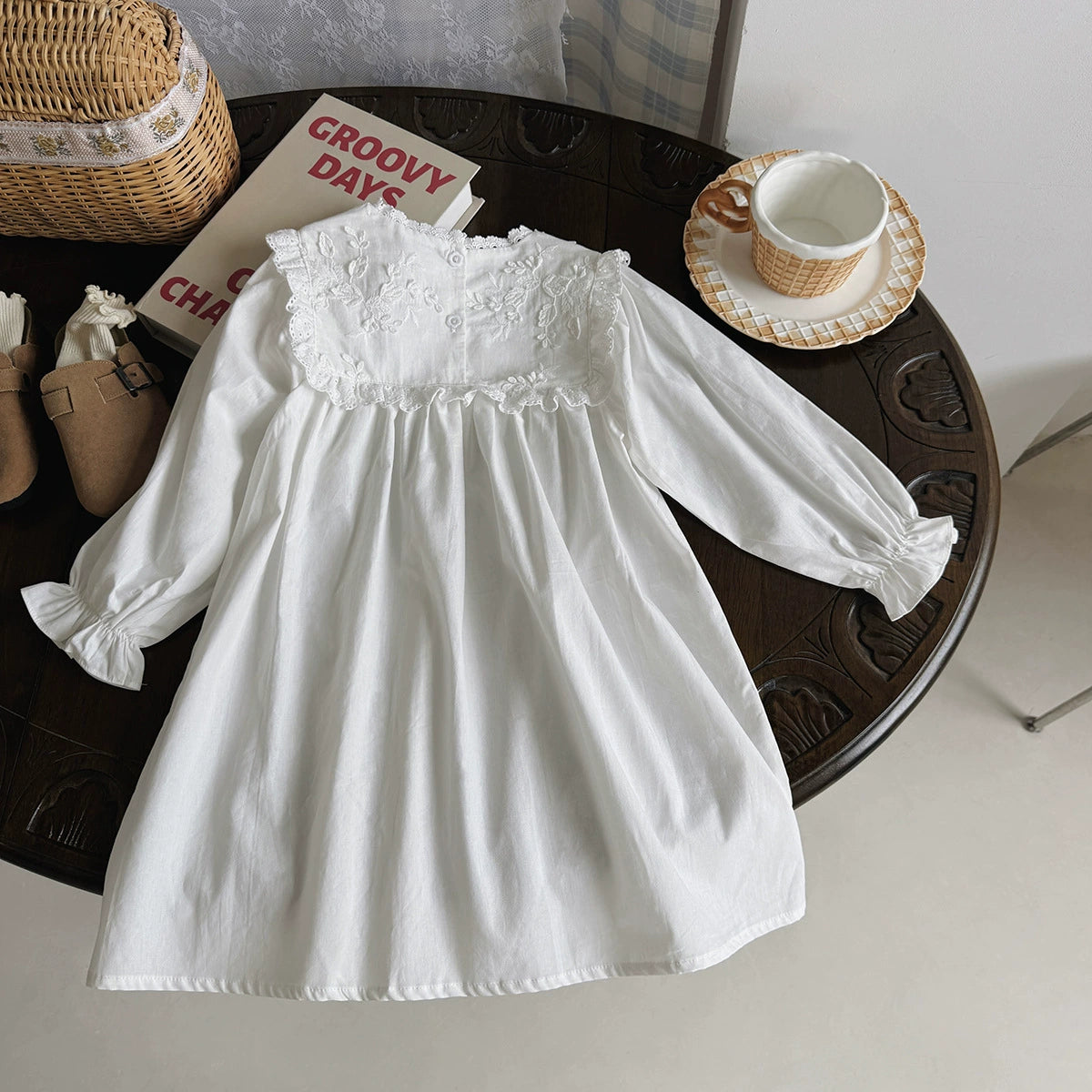 Arrival Autumn Girls Solid Color Flowers Embroidery Pattern Long Sleeves Ruffle Neck Dress, MyKids-USA®, Baby & Toddler Dresses, MyKids-USA - - - - - - -