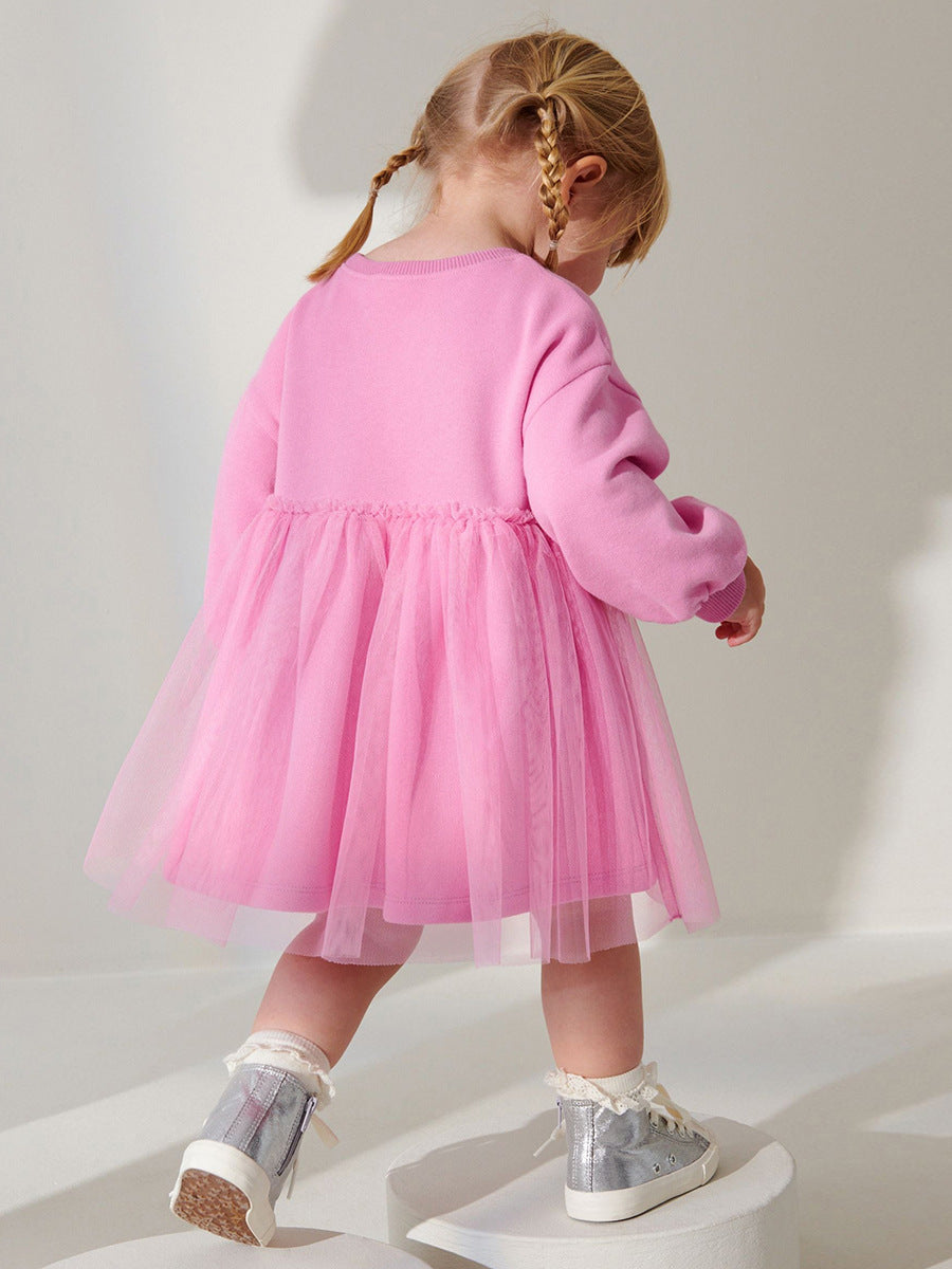 Arrival Autumn Girls Cartoon Rabbit Logo Crew Neck Long Sleeves Pink Tulle Patchwork Princess Dress, MyKids-USA®, Baby & Toddler Dresses, MyKids-USA - - - - - - -