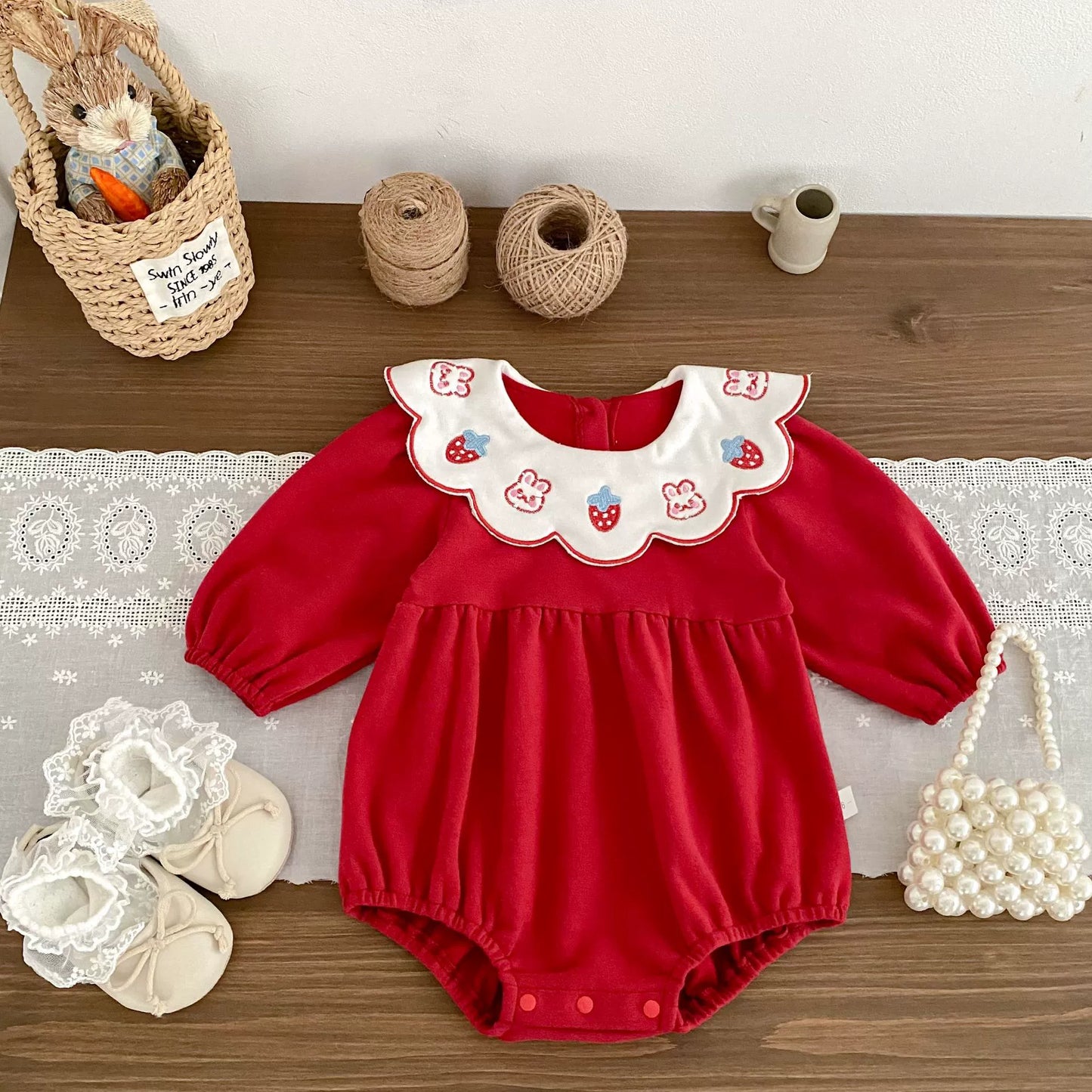 Autumn Arrival Baby Girls Color Patchwork Long Sleeves Rabbits and Fruits Pattern Onesies, MyKids-USA®, Baby One-Pieces, MyKids-USA - - - - - - -