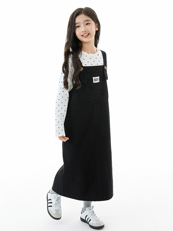 Arrival Autumn Kids Girls Long Sleeves Dots Pattern Top and Black Overalls Clothing Set