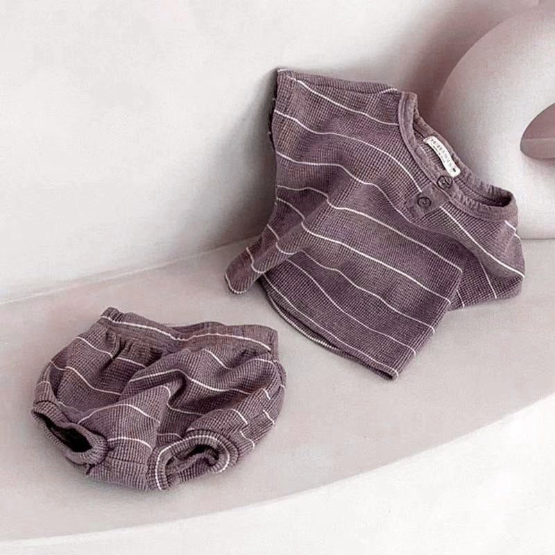 Baby Kids Unisex Striped Short Sleeves Waffle Grid Top And Shorts Casual Clothing Set, MyKids-USA®, Baby & Toddler Outfits, MyKids-USA - Size/Age - 66 (3-6M) - Color - Brown - - - TR2404031710-B