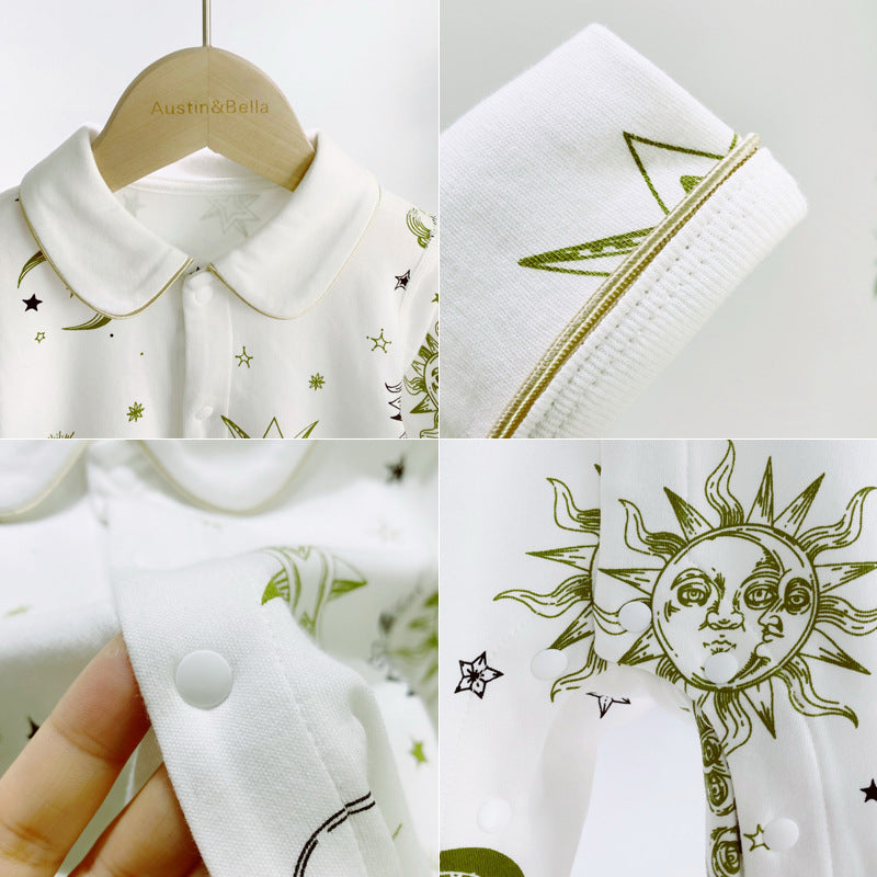 Spring/Autumn Hot Selling Baby Suns Moons Stars Print Single Breasted Full Button Front Design Organic Cotton Jumpsuit, MyKids-USA®, Baby One-Pieces, MyKids-USA - - - - - - -