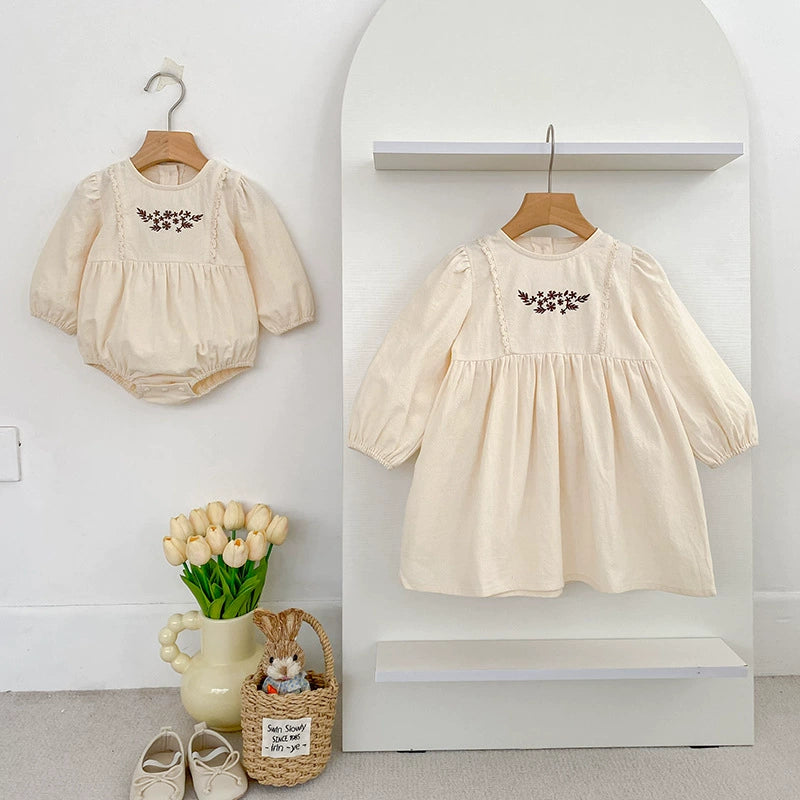 Autumn Baby Girls Northern Europe Style Flowers Embroidered Pattern Long-sleeved Onesies and Dress – Princess Sister Matching Set, MyKids-USA®, Baby & Toddler Dresses, MyKids-USA - - - - - - -