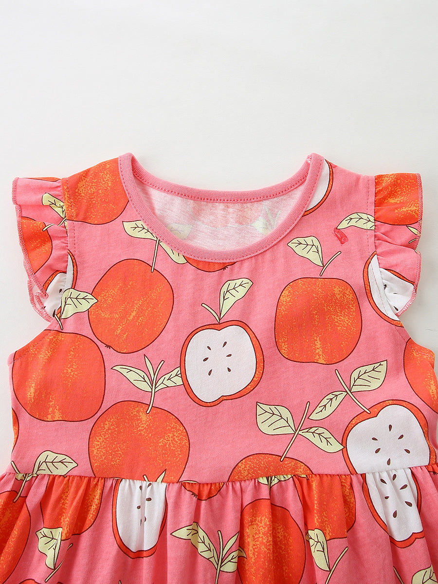Summer Hot Selling Cute Cartoon Apples Pattern Fly Sleeves Dress for Stylish Girls