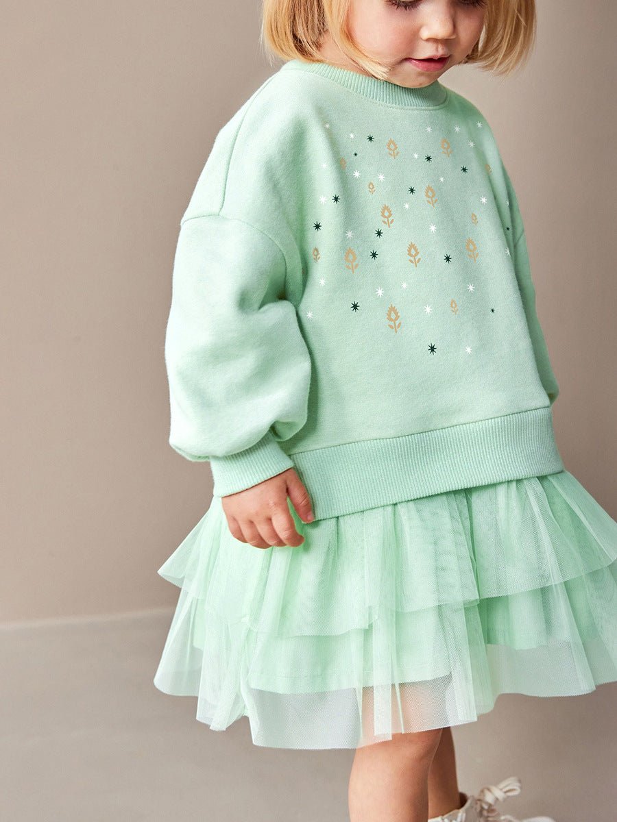 Design Autumn Girls Geometric Print Crew Neck Long Sleeves Green Tulle Patchwork Princess Dress, MyKids-USA®, Baby & Toddler Dresses, MyKids-USA - - - - - - -