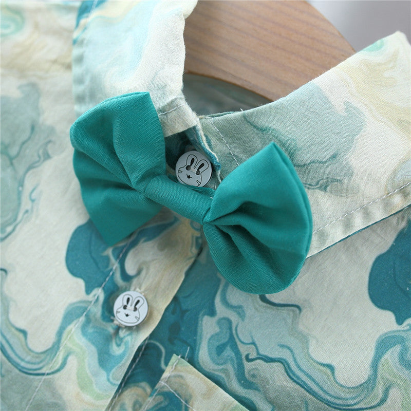 Summer Baby Kids Boys Green Tie-Dyed Turn-Down Collar Short Sleeves Shirt And Solid Color Shorts English Clothing Set, MyKids-USA®, Baby & Toddler Outfits, MyKids-USA - - - - - - -