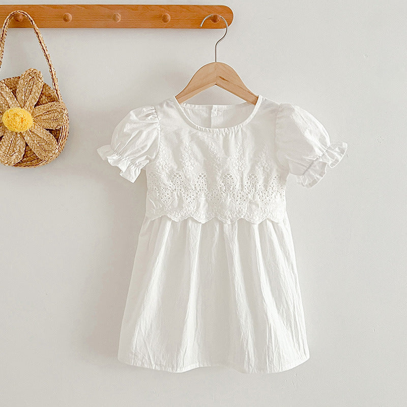 Summer Girls Hollow Out Design Floral Embroidered Short Sleeve White Dress/Onesies