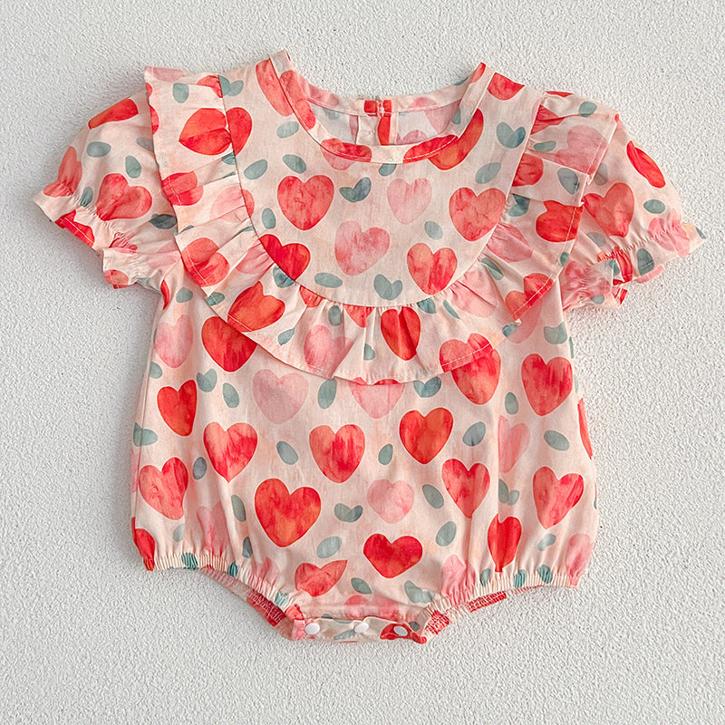 Summer Baby Kids Girls Heart Pattern Short Sleeves Crew Neck Onesies – Princess Sister Matching, MyKids-USA®, Baby One-Pieces, MyKids-USA - Size/Age - 66 (3-6M) - Color - Red - - - TR2405231819-B