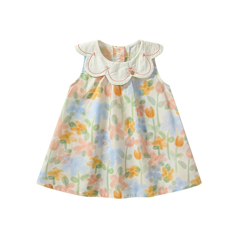 Summer Arrival Baby Girls Cute Floral Printed Pattern Sleeveless Dress with Collar, MyKids-USA®, Baby & Toddler Dresses, MyKids-USA - - - - - - -