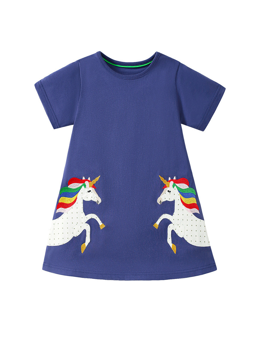 European and American Style Short Sleeve Horse Pattern Princess Dress for Girls, Summer Dress for Toddlers and Young Children 130 (7-8Y) / Blue