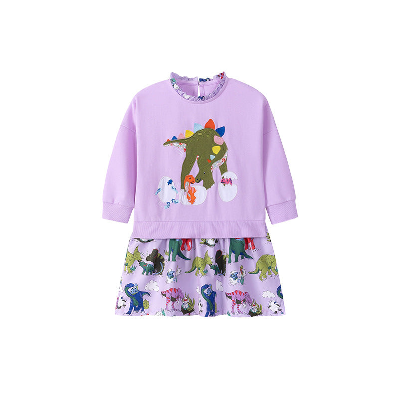 Autumn and Spring Arrival Cartoon Dinosaurs Pattern Long Sleeves Dress for Stylish Girls, MyKids-USA®, Baby & Toddler Dresses, MyKids-USA - - - - - - -