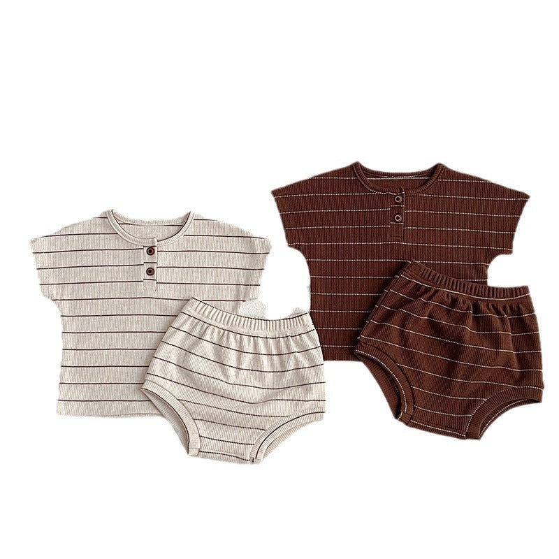 Baby Kids Unisex Striped Short Sleeves Top And Shorts Casual Clothing Set