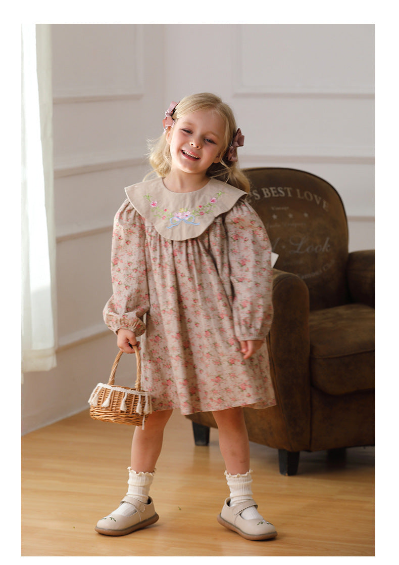Design Autumn Girls Vintage Floral Long Sleeves Dress with Embroidery Collar, MyKids-USA®, Baby & Toddler Dresses, MyKids-USA - - - - - - -