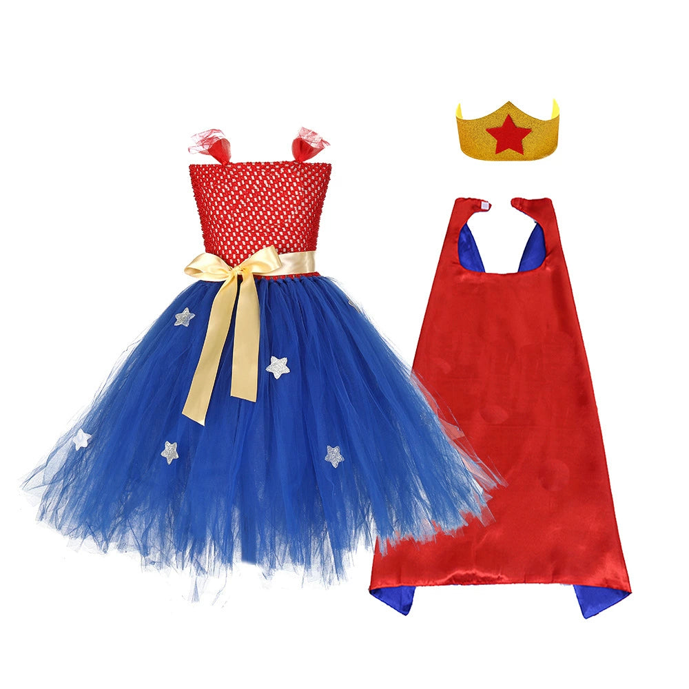 Halloween Superhero Costume Dress with Cape and Mask, MyKids-USA®, Costume Dresses, MyKids-USA - Size/Age - S (1-3Y) - Color - Red - - - TR2508202219-H.