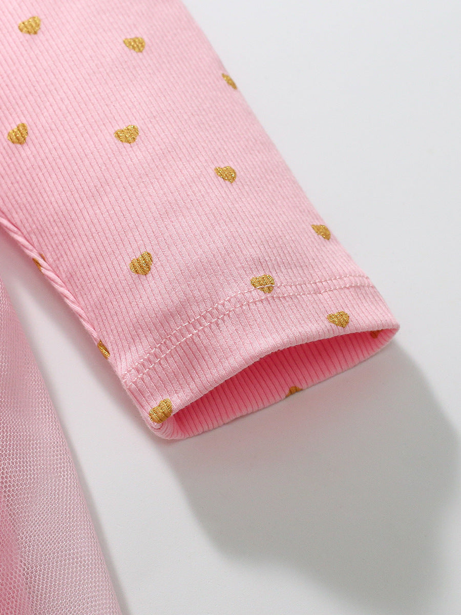 Design Autumn Girls Tiny Heart Print Crew Neck Long Sleeves Tulle Patchwork Dress, MyKids-USA®, Baby & Toddler Dresses, MyKids-USA - - - - - - -