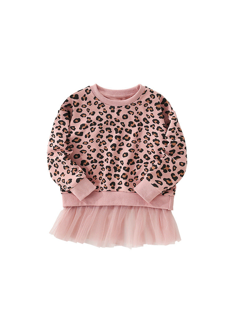 Autumn and Spring Arrival Leopard Pattern Long Sleeves Pullover with Tulle Decoration for Stylish Girls, MyKids-USA®, Sweaters, MyKids-USA - - - - - - - .