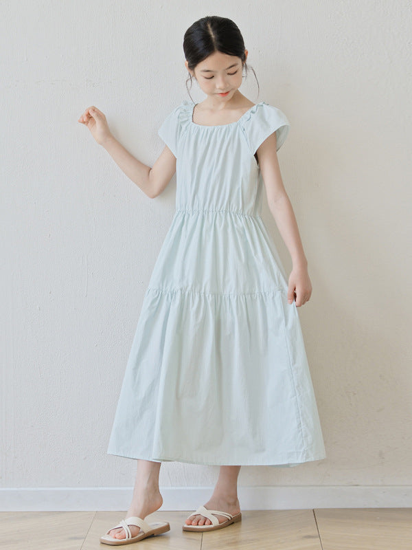 Summer Arrival Short Sleeves Solid Color Square Neck Dress for Stylish Girls