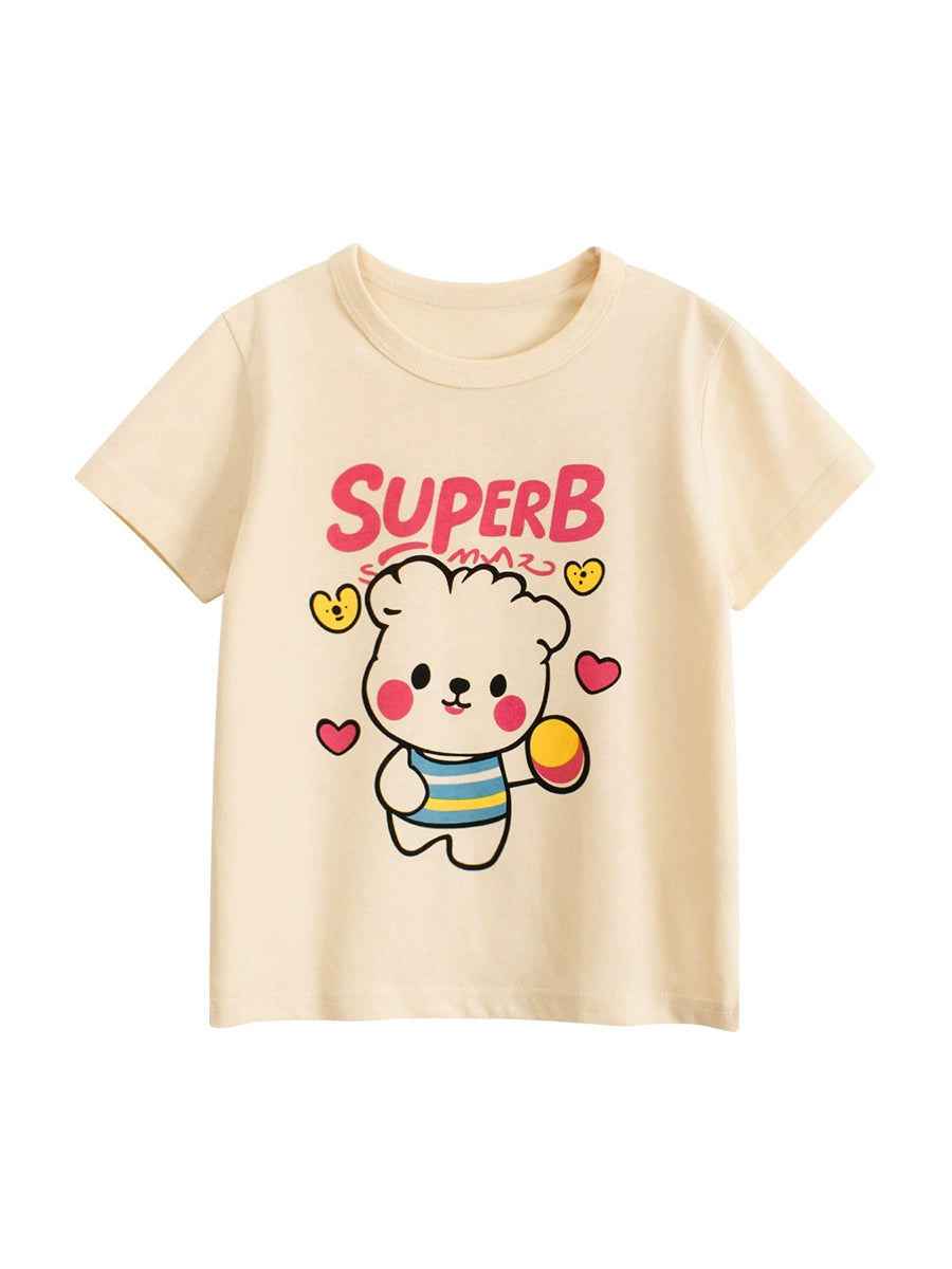 Summer Girls’ Cartoon Teddy and Letters Pattern Printed T-shirt in European and American Style, MyKids-USA®, Baby & Toddler Tops, MyKids-USA - - - - - - -