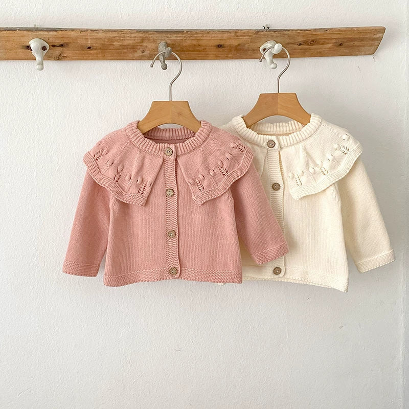 Autumn Arrival Baby Girls Comfortable Solid Color Knitted Long Sleeves Cardigan with Hollow-out Collar, MyKids-USA®, Cardigans, MyKids-USA - - - - - - -