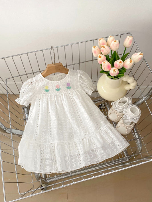Summer Baby Girls Flowers Embroidery Pattern Hollow Out Short Sleeves Dress