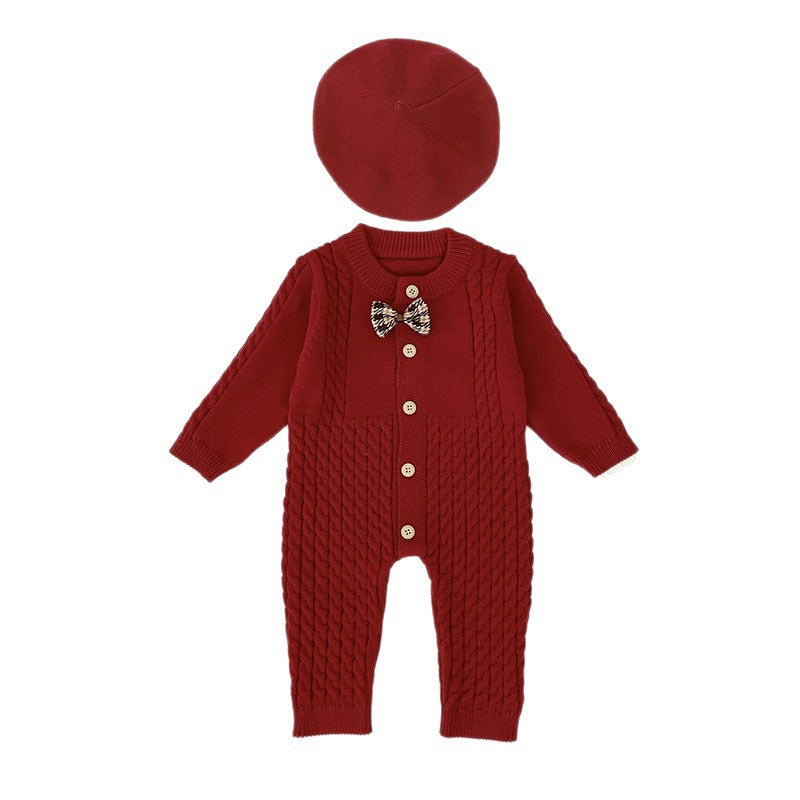 Autumn Arrival Unisex Baby’s Solid Color Geometric Jacquard Pattern Knitted Rompers with Butterfly-bow, MyKids-USA®, Baby One-Pieces, MyKids-USA - - - - - - -