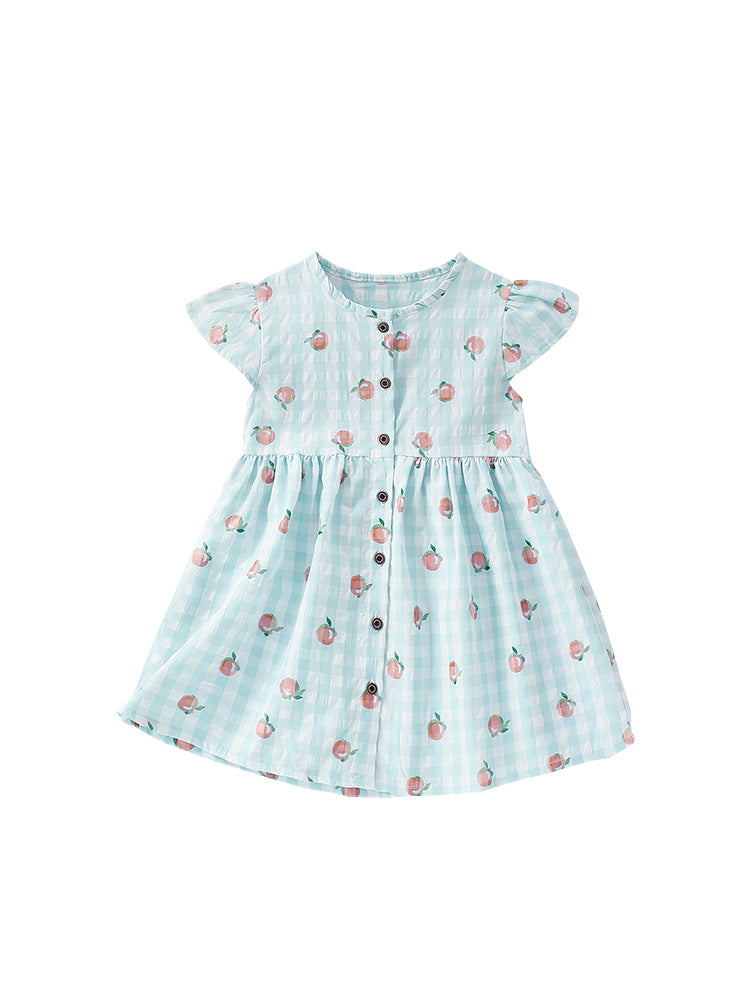 Summer Arrival Fruits Pattern Fly Sleeves Single Breasted Plaid Dress for Stylish Girls, MyKids-USA®, Baby & Toddler Dresses, MyKids-USA - - - - - - -