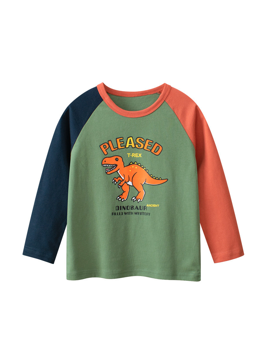 Autumn Baby Kids Boys Letters and Dinosaur Print Color Patchwork Long Sleeves Crew Neck Base Top Shirt, MyKids-USA®, Baby & Toddler Tops, MyKids-USA - - - - - - -