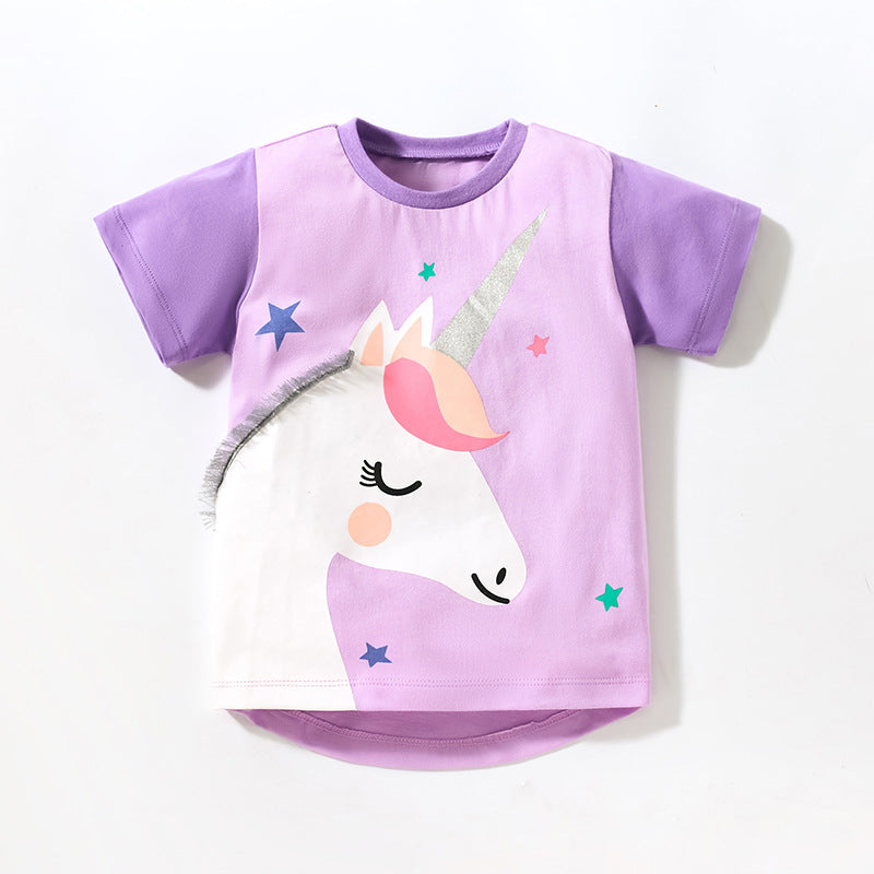 Cute Knit Round Neck Starry Unicorn Cartoon Girls’ T-Shirt In European And American Style For Summer, MyKids-USA®, Baby & Toddler Tops, MyKids-USA - - - - - - -