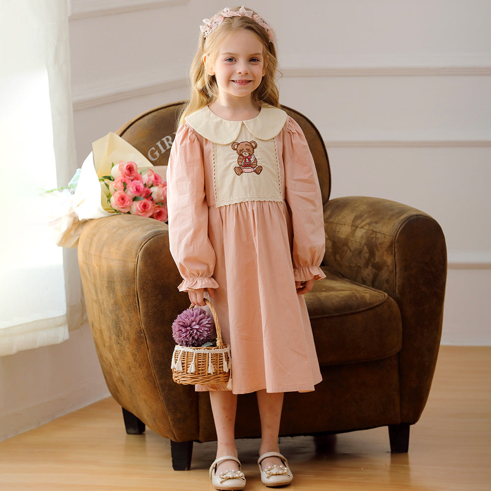 Arrival Autumn Girls Pink Long Sleeves Dress with Teddy Embroidery Pattern, MyKids-USA®, Baby & Toddler Dresses, MyKids-USA - - - - - - -