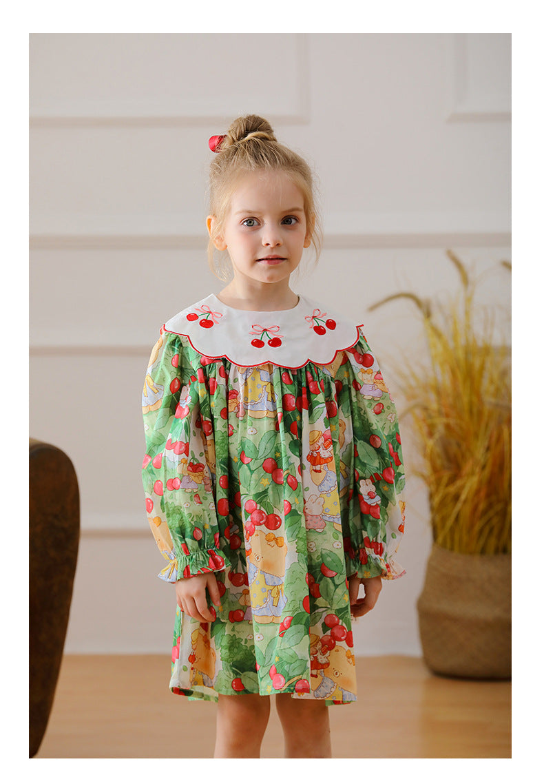 Arrival Autumn Girls Vivid Cherry and Teddy Pattern Long Sleeves Dress with Embroidery Collar, MyKids-USA®, Baby & Toddler Dresses, MyKids-USA - - - - - - -