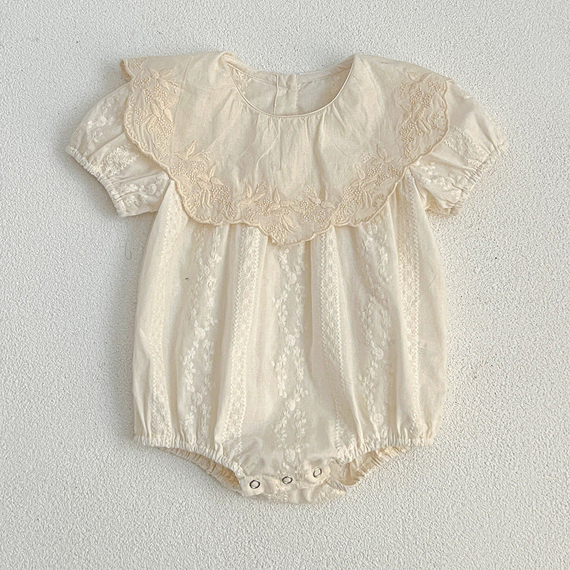 Summer Girls Solid Color Simple Floral Embroidery Big Collar bodysuit And Dress – Princess Sister Matching Set, MyKids-USA®, Baby & Toddler Outfits, MyKids-USA - Size/Age - 66 (3-6M) - Color - Beige - - - TR2404071131-B.