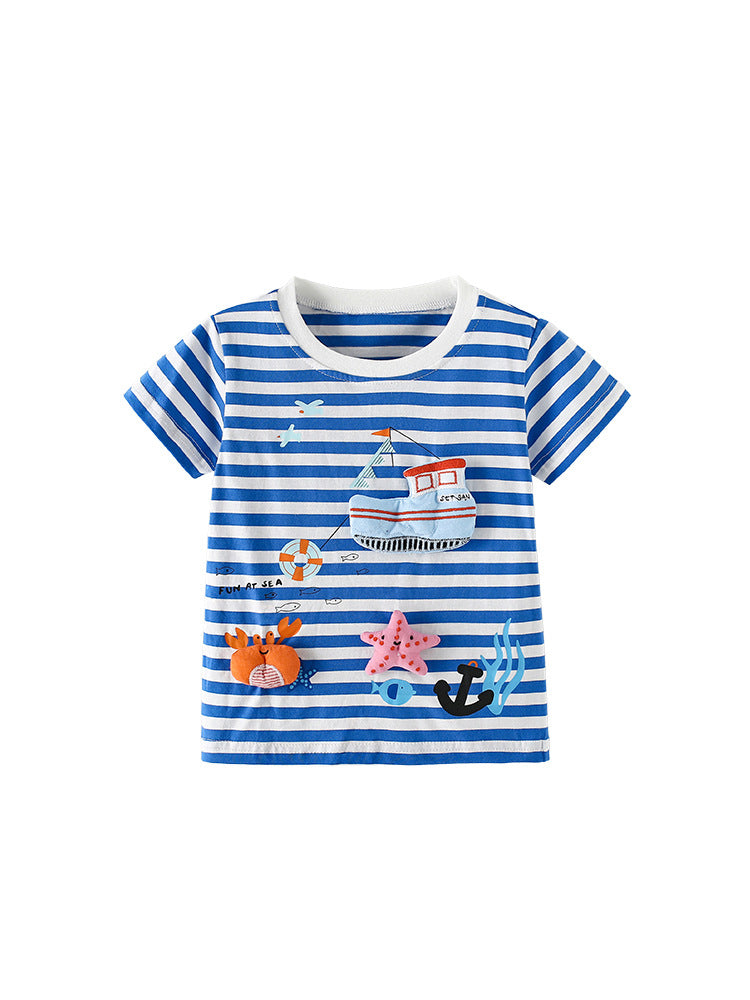 Summer Boys’ Cartoon Pattern Striped T-shirt in European and American Style