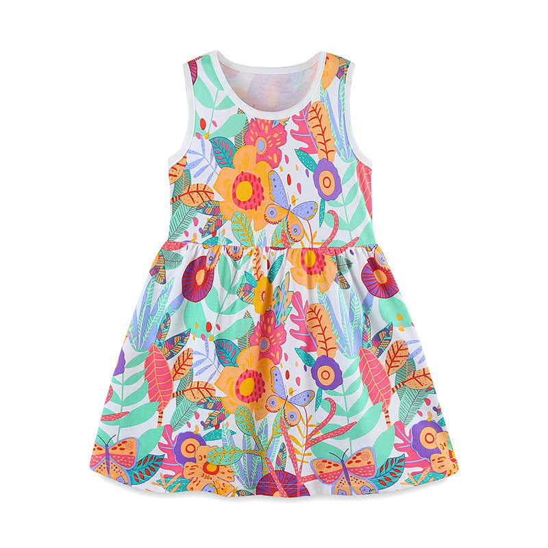 Summer Pure Cotton Cartoon Jungle Floral Pattern Sleeveless Dress for Stylish Girls, MyKids-USA®, Baby & Toddler Dresses, MyKids-USA - - - - - - -