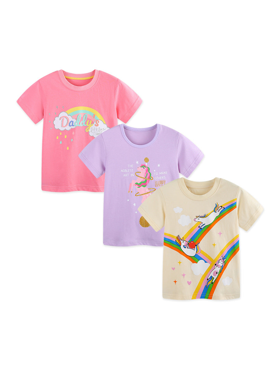 Summer Baby Kids Letters and Animals Cartoon Pattern T-shirt Clothing Set for Girls