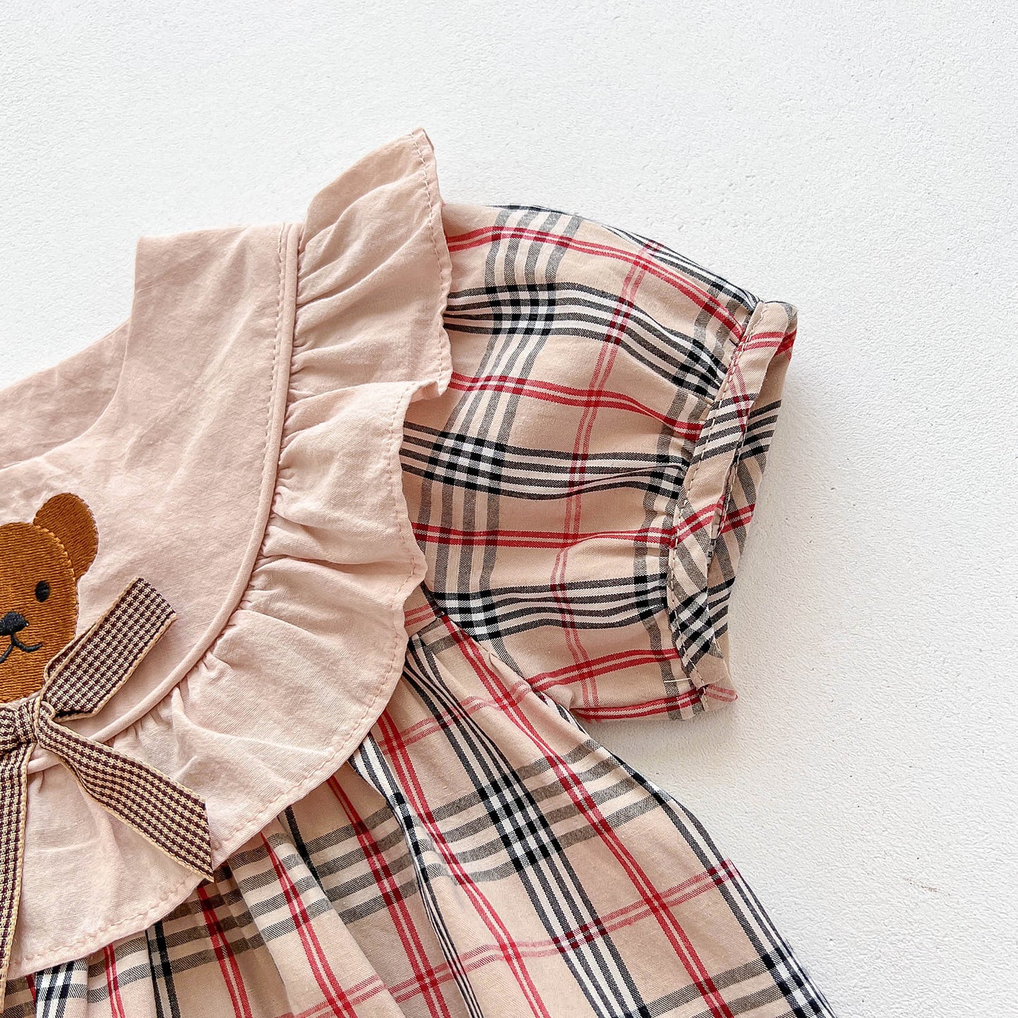 Summer Hot Selling Baby Girls Short Sleeves Plaid Crew Neck Teddy Pattern Onesie, MyKids-USA®, Baby One-Pieces, MyKids-USA - - - - - - -