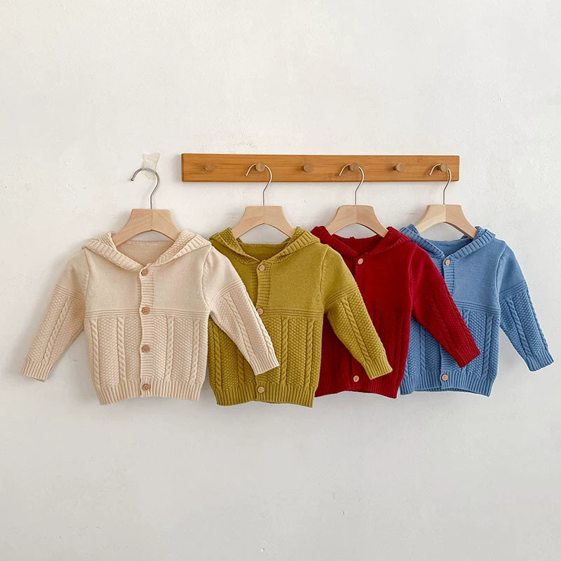Autumn Arrival Baby Unisex Comfortable Solid Color Geometric Pattern Knitted Long Sleeves Cardigan with Hood, MyKids-USA®, Cardigans, MyKids-USA - - - - - - -