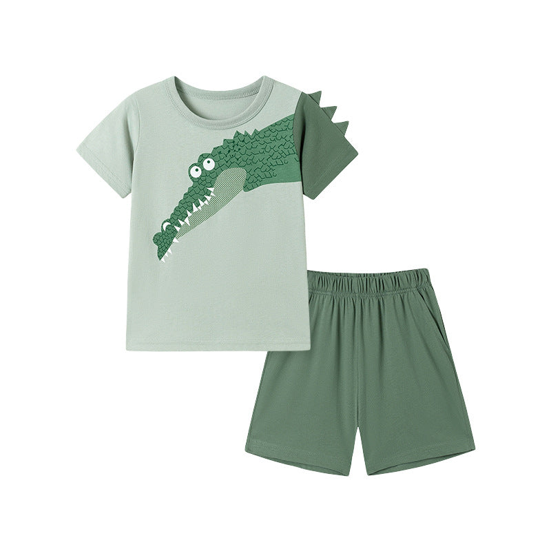 Summer Hot Selling Baby Kids Boys Short Sleeves Cartoon Pattern T-shirt and Plain Shorts Clothing Set