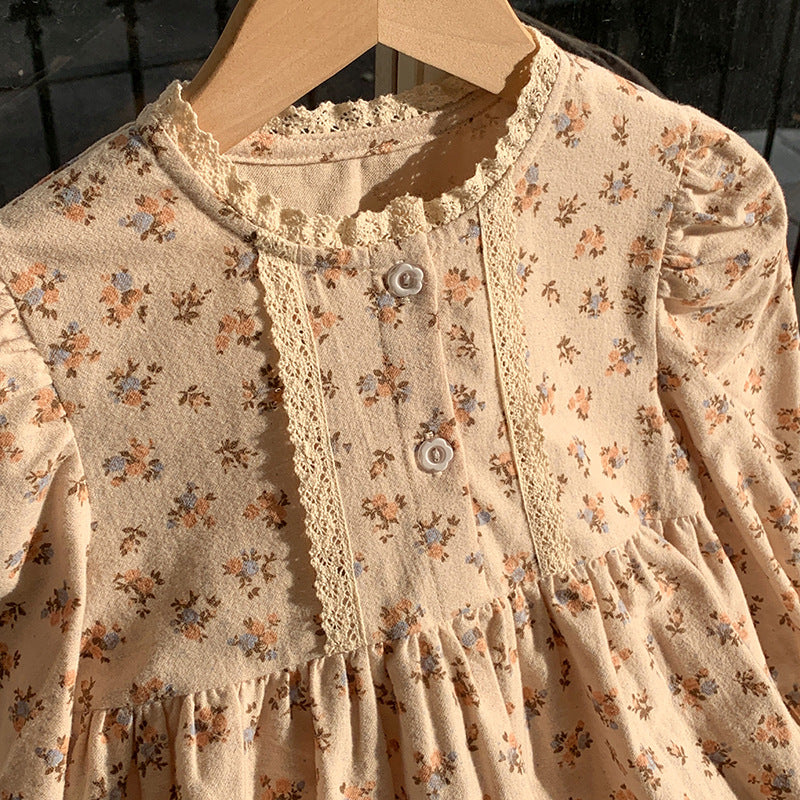 Arrival Autumn Girls Vintage Flowers Pattern Long Sleeves Lace Trim Crew Neck Dress, MyKids-USA®, Baby & Toddler Dresses, MyKids-USA - - - - - - -