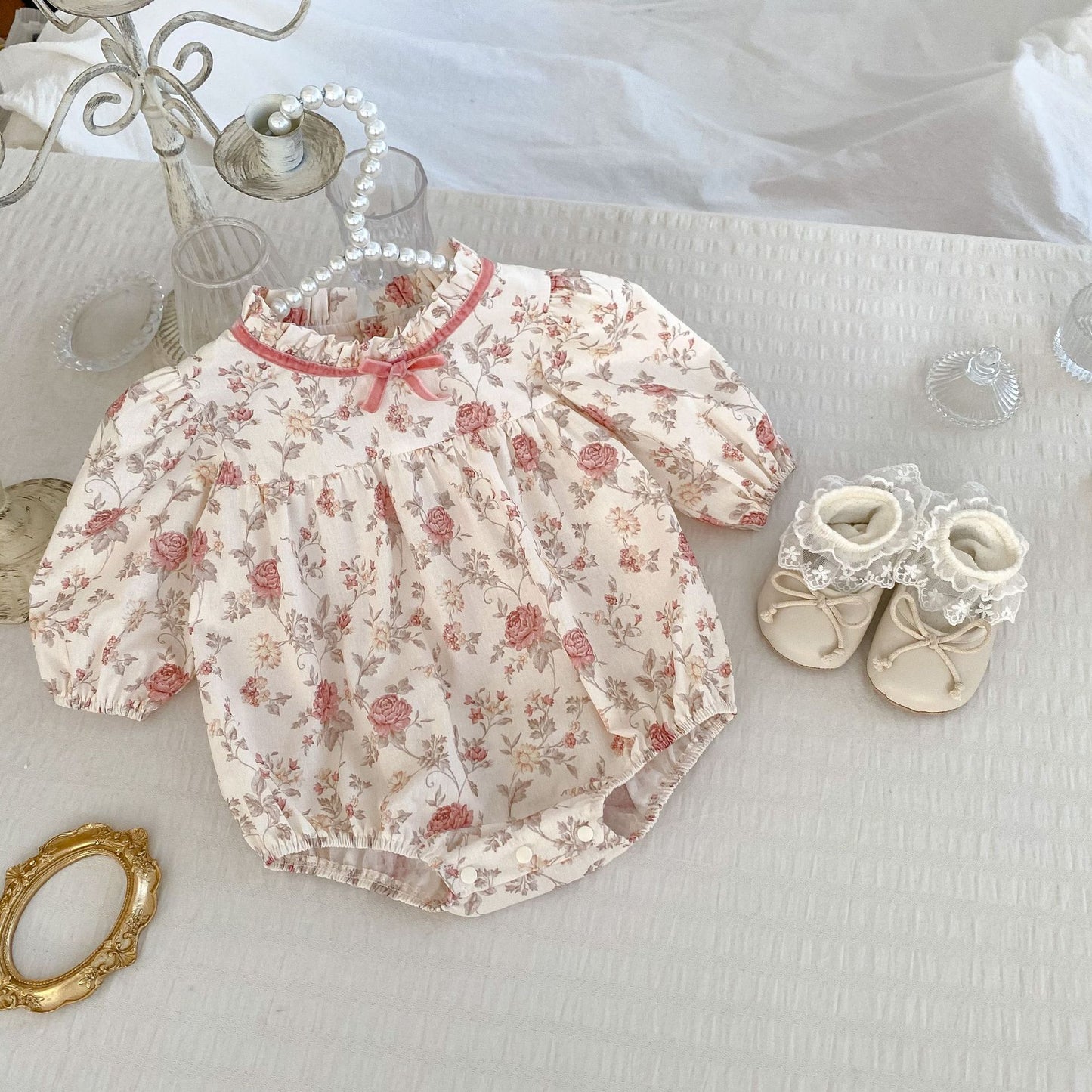 Arrival Baby Girls Long Sleeves Flowers Print Ruffle Neck Onesies, MyKids-USA®, Baby One-Pieces, MyKids-USA - - - - - - -