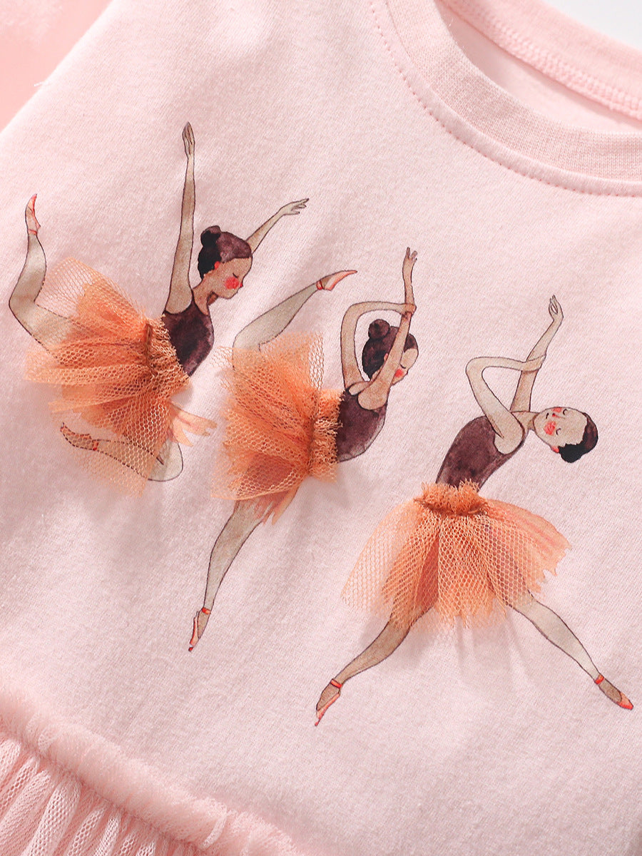 Design Autumn Girls Dancers Cartoon Pattern Crew Neck Long Sleeves Tulle Patchwork Dress, MyKids-USA®, Baby & Toddler Dresses, MyKids-USA - - - - - - -