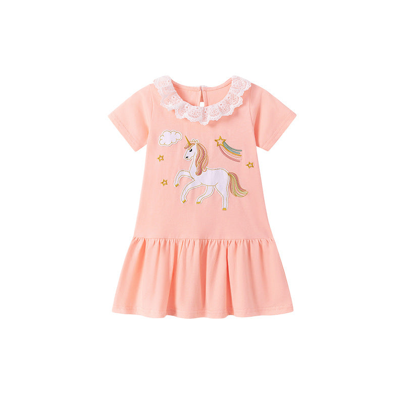 Summer Arrival Cartoon and Star Pattern Short Sleeves Dress for Stylish Girls