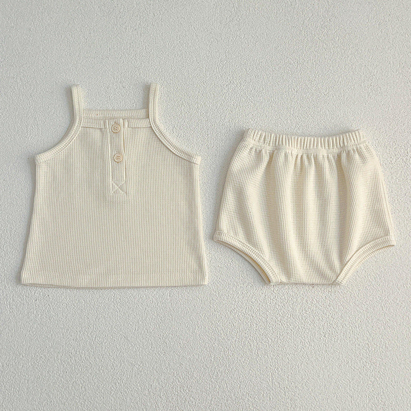 Summer Baby Kids Waffle Grid Sleeveless Vest And Bloomers Sets And Romper – Casual Matching Set, MyKids-USA®, Baby One-Pieces, MyKids-USA - Size/Age - 66 (3-6M) - Color - Beige - - - TR2405232145-B