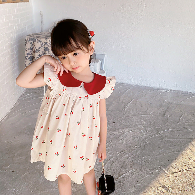 Summer Arrival Baby Girls Cherry Print Fly Sleeves Peter Pan Collar Dress, MyKids-USA®, Baby & Toddler Dresses, MyKids-USA - - - - - - -