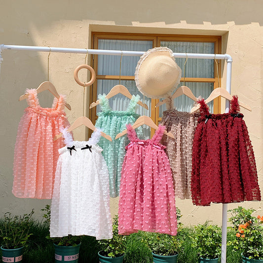 Summer Baby Kids Girls Sleeveless Solid Color 3D Butterfly Bows Design Mesh Design Strap Dress