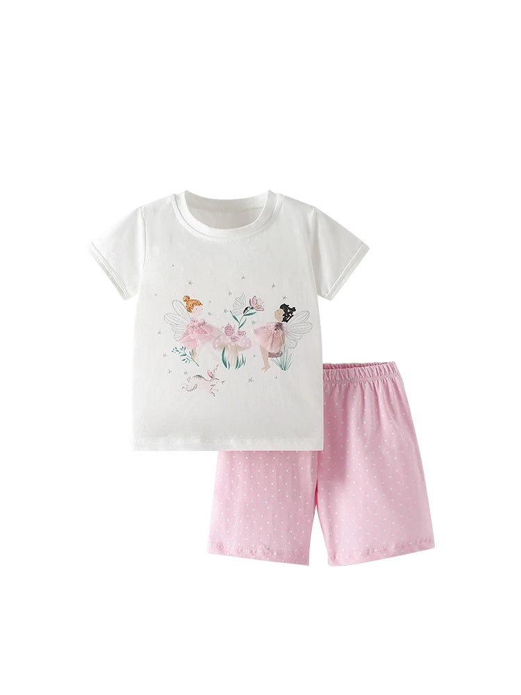 Summer Baby Kids Fairy Cartoon Pattern T-shirt and Pink Shorts Clothing Set for Girls, MyKids-USA®, Baby & Toddler Outfits, MyKids-USA - - - - - - -