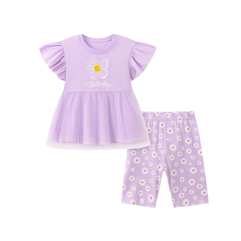 Summer Hot Selling Baby Kids Girls Fly Sleeves Flowers Pattern Dress and Pants Clothing Set