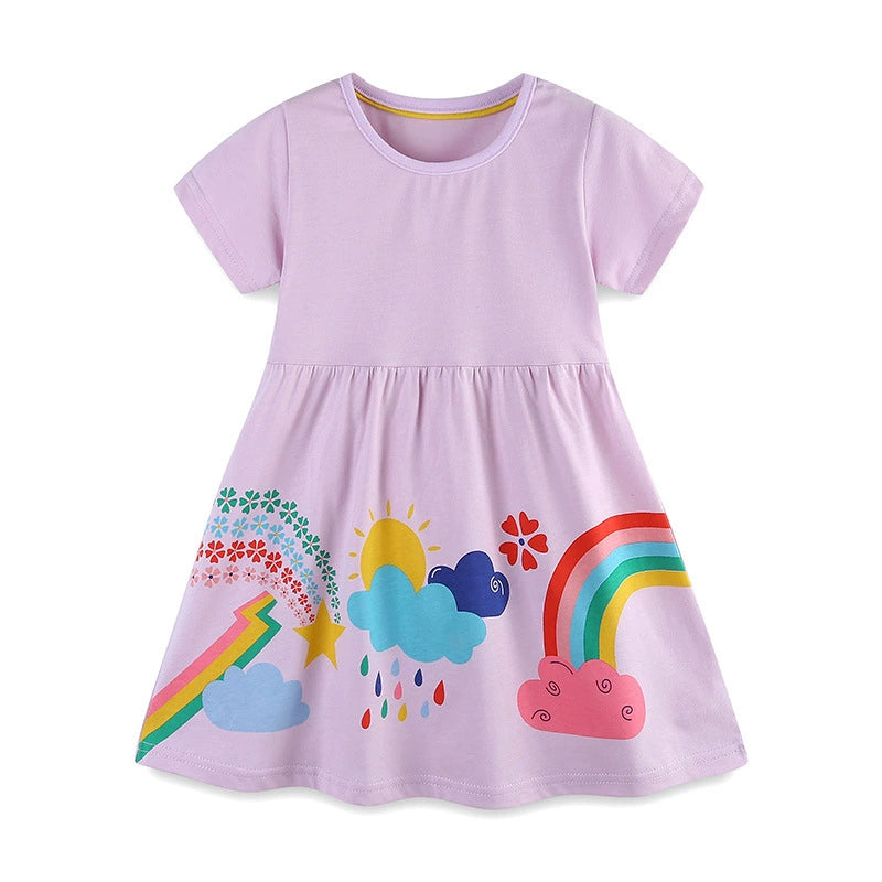 Summer Pure Cotton Colorful Rainbow Pattern Short Sleeves Purple Dress for Stylish Girls, MyKids-USA®, Baby & Toddler Dresses, MyKids-USA - - - - - - -