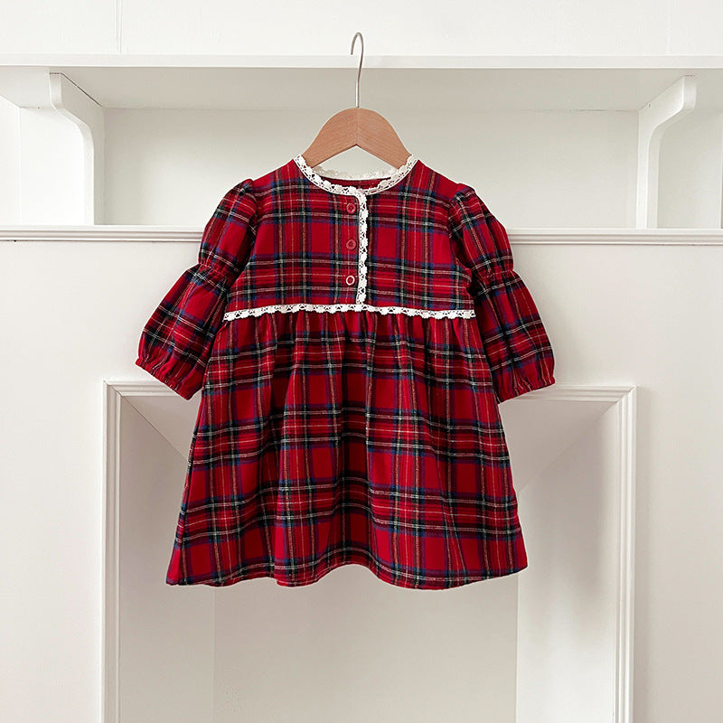 Arrival Autumn Vintage English Plaid Baby Kids Girls Ruffle Neck Onesies and Dress – Princess Sister Matching Set, MyKids-USA®, Baby & Toddler Outfits, MyKids-USA - Size/Age - 66 (3-6M) - Color - Red - - - TR2408092028-B