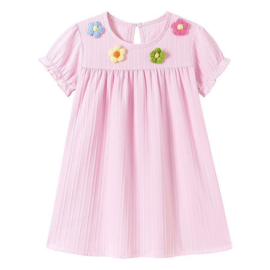 Summer Arrival Flowers Pattern Short Sleeves Striped Dress for Stylish Girls