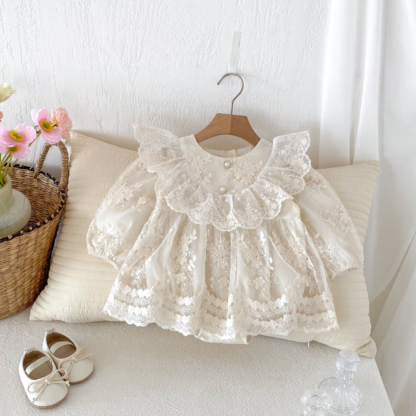 Autumn Arrival Baby Girls Long Sleeves Floral Embroidery Tulle Onesies Dress with Ruffle Design, MyKids-USA®, Baby & Toddler Dresses, MyKids-USA - - - - - - -